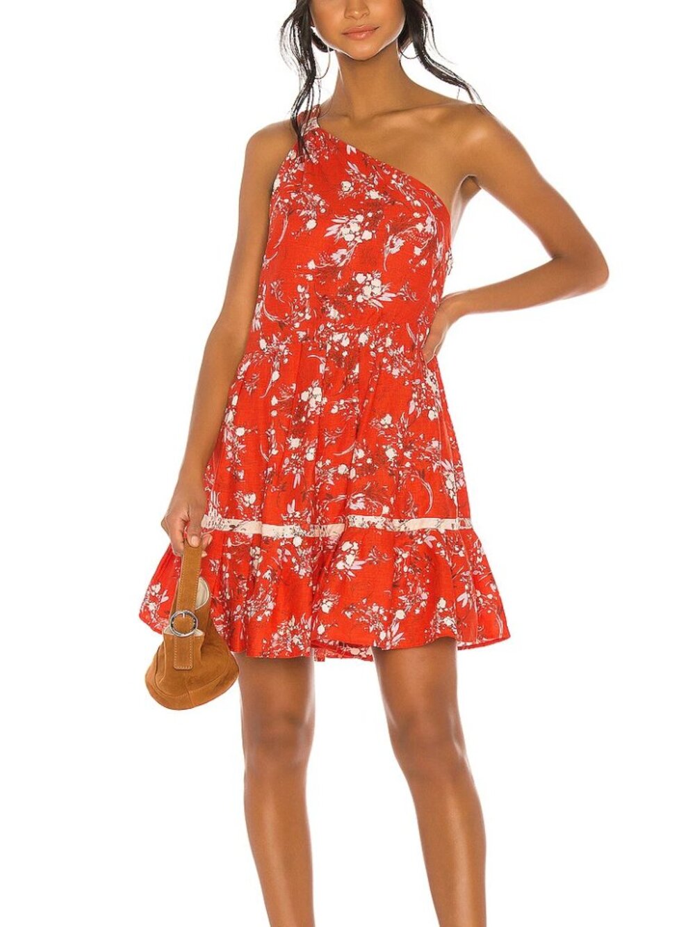 Free People All Mine Mini Dress Red One Shoulder Floral Linen Dress Size Small